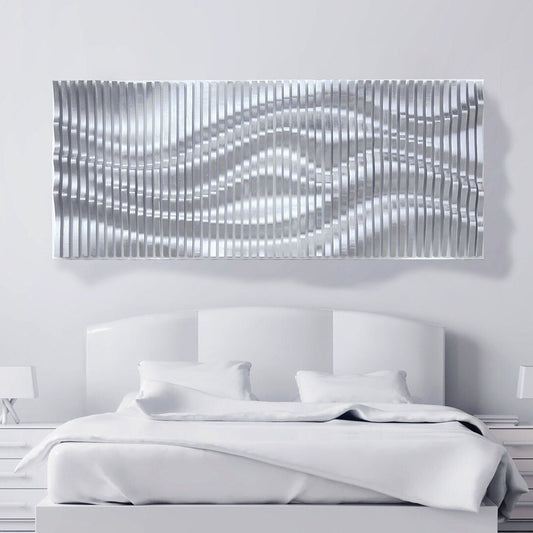 Silver wavy wood wall décor made of slats, acoustic wall panel, 3d wall sculpture, contemporary parametric wall piece, sound wave art