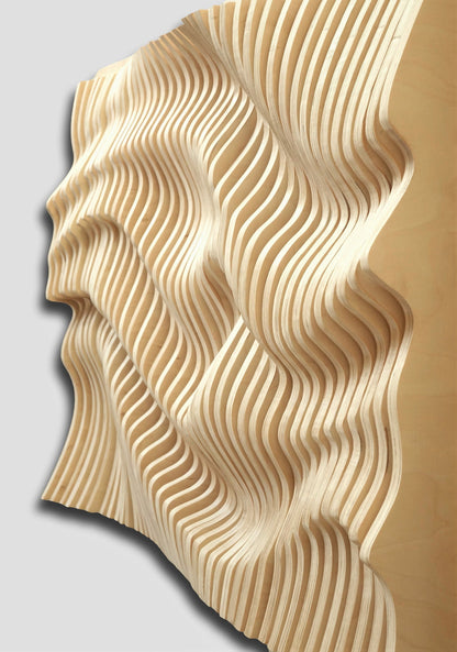Parametrische wandkunst aus natürlichen holzlatten, holzschalldiffusor, 3d gewellte wandskulptur, geometrische wanddekoration