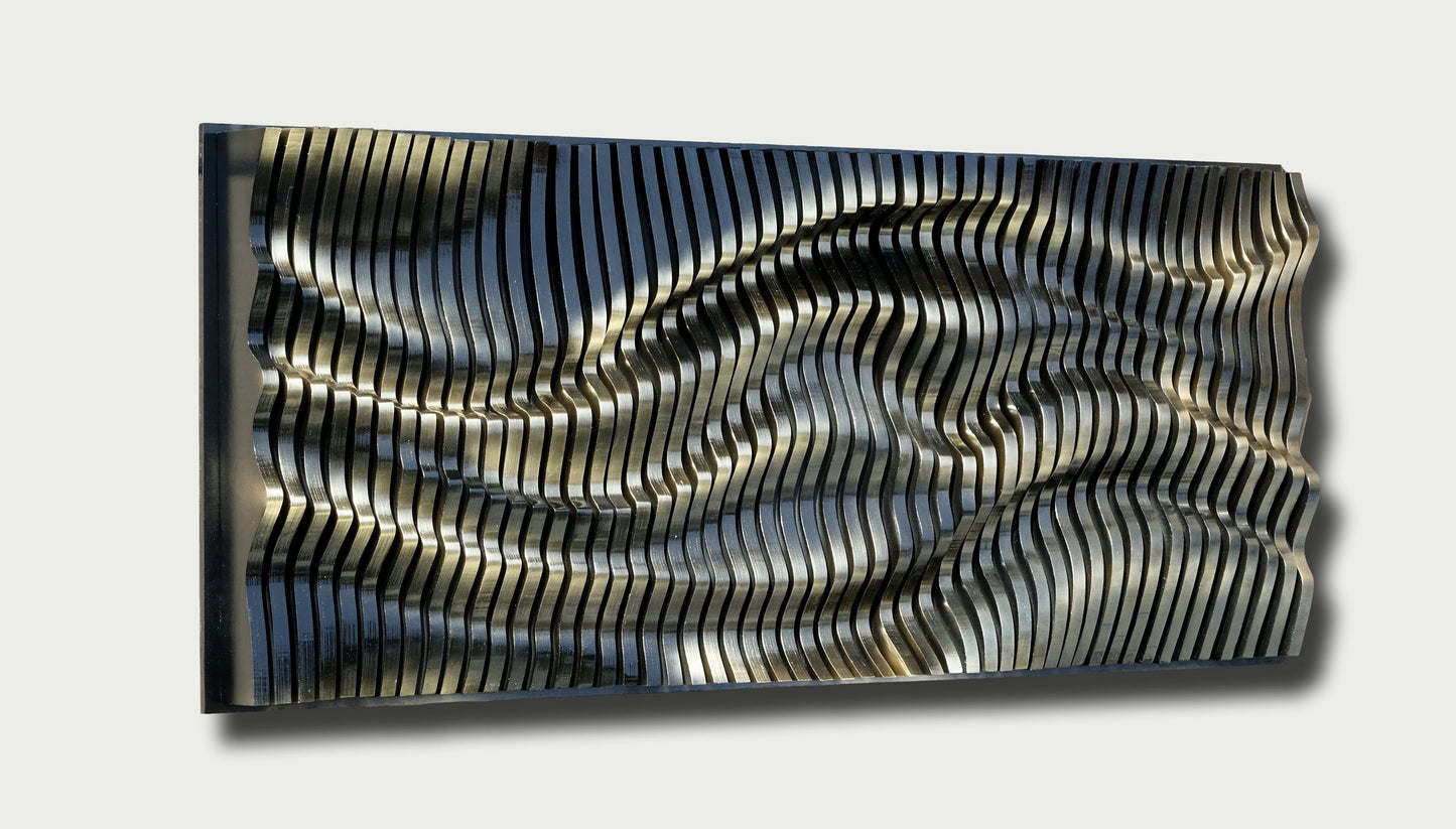 Schwarzes gold glänzende parametrische wandkunst aus holzlatten, holzschalldiffusor, 3d gewellte wandskulptur, geometrische wanddekoration