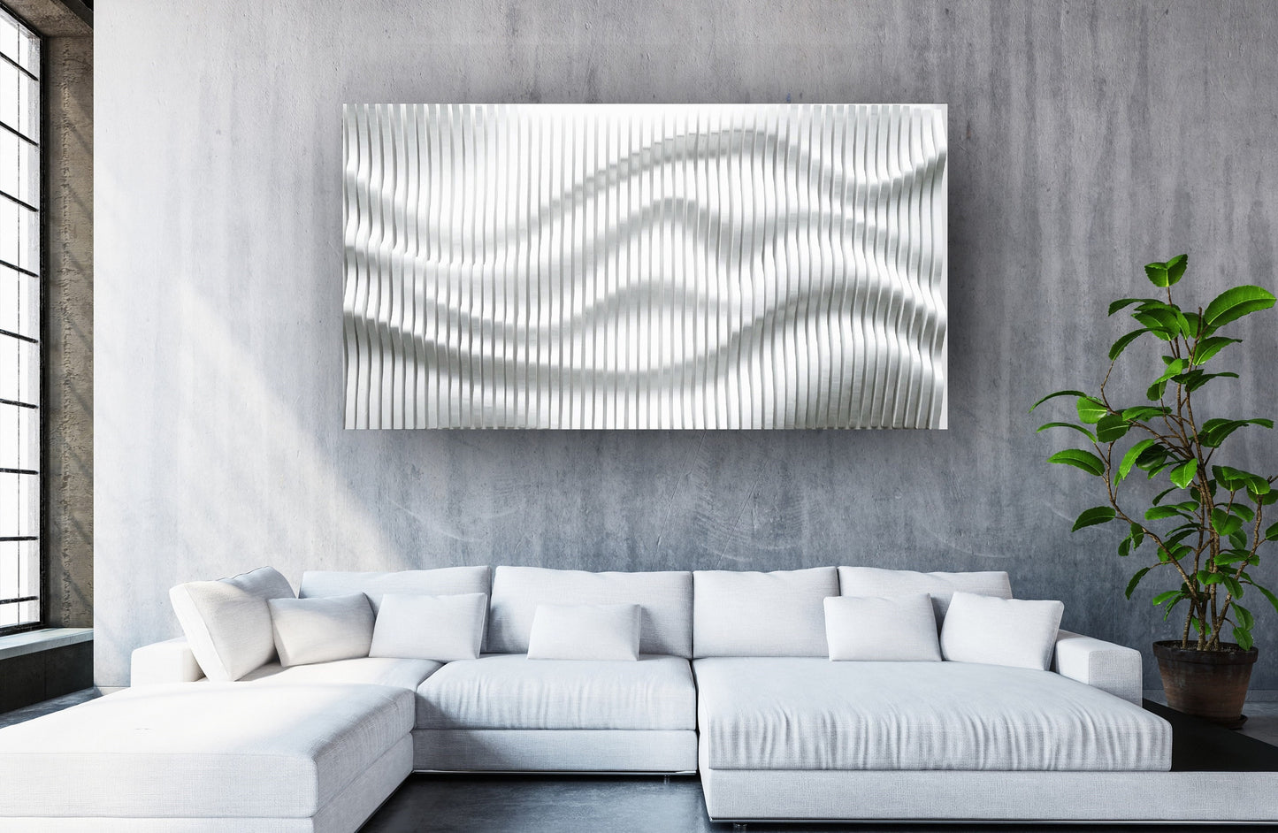 White wavy wood wall décor made of slats, acoustic wall panel, 3d wall sculpture, contemporary parametric wall piece, sound wave art