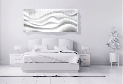 White wavy wood wall décor made of slats, acoustic wall panel, 3d wall sculpture, contemporary parametric wall piece, sound wave art