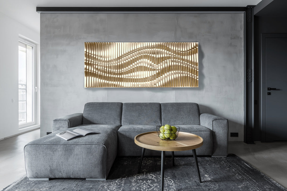 Œuvre murale paramétrique en lattes de bois dorées, décor mural texturé fait main, pièce murale géométrique contemporaine