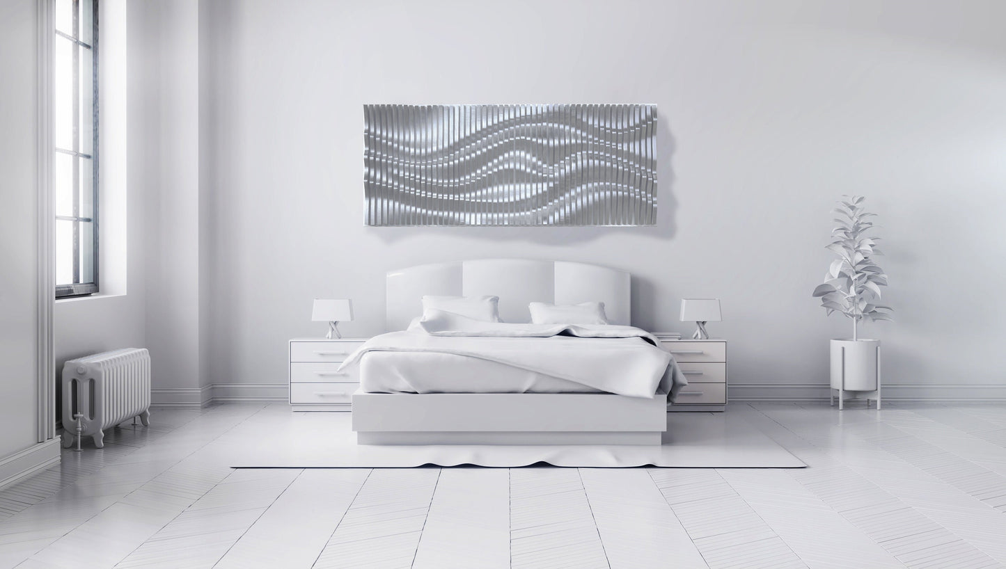 Décor mural en bois ondulé argenté composé de lattes, panneau mural acoustique, sculpture murale 3d, pièce murale paramétrique contemporaine