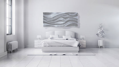 Décor mural en bois ondulé argenté composé de lattes, panneau mural acoustique, sculpture murale 3d, pièce murale paramétrique contemporaine