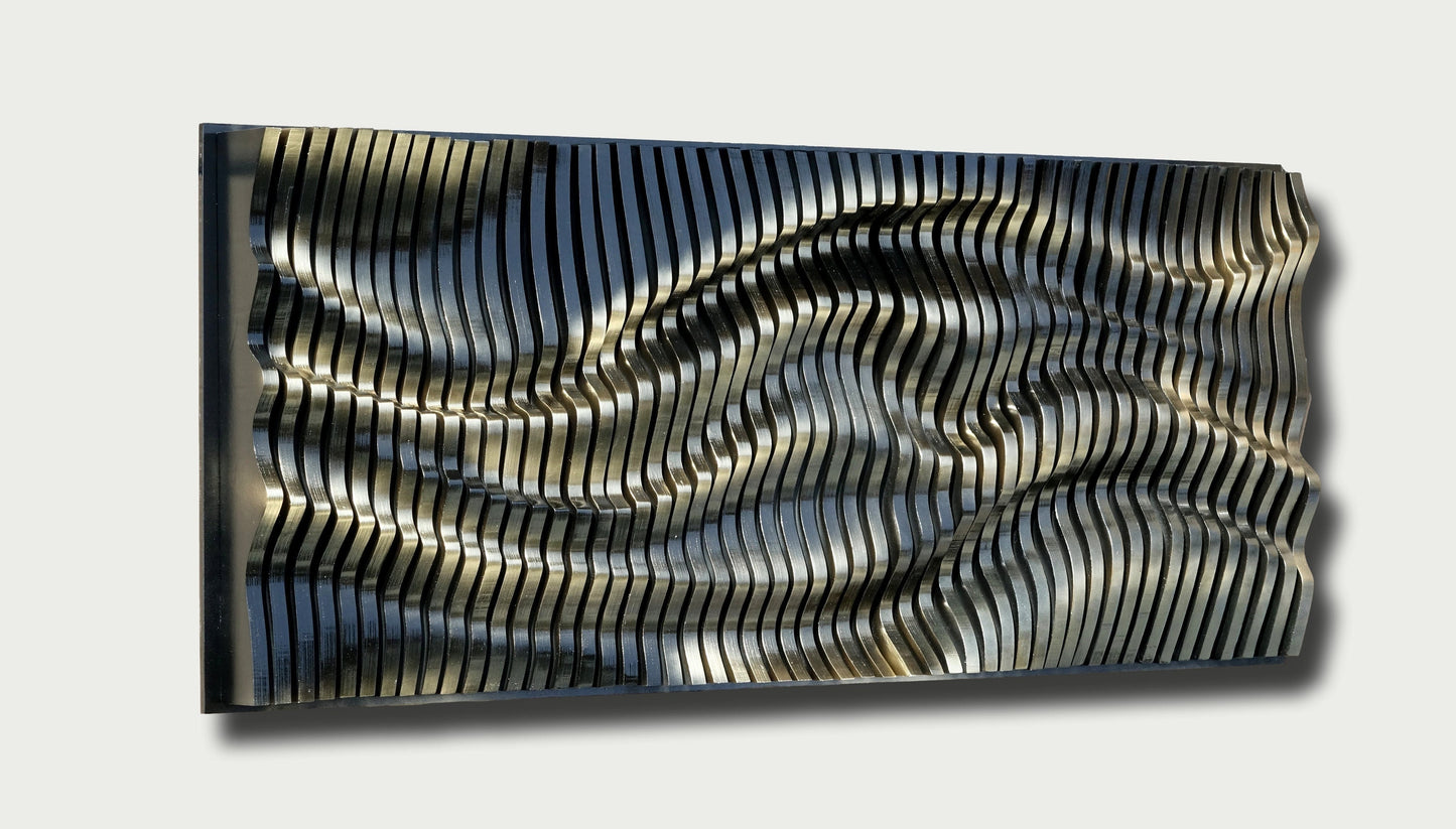 gold black parametric wall panel, wavy wall art of wooden slats, wooden sound diffuser, 3d wall sculpture, geometric wall hanging large