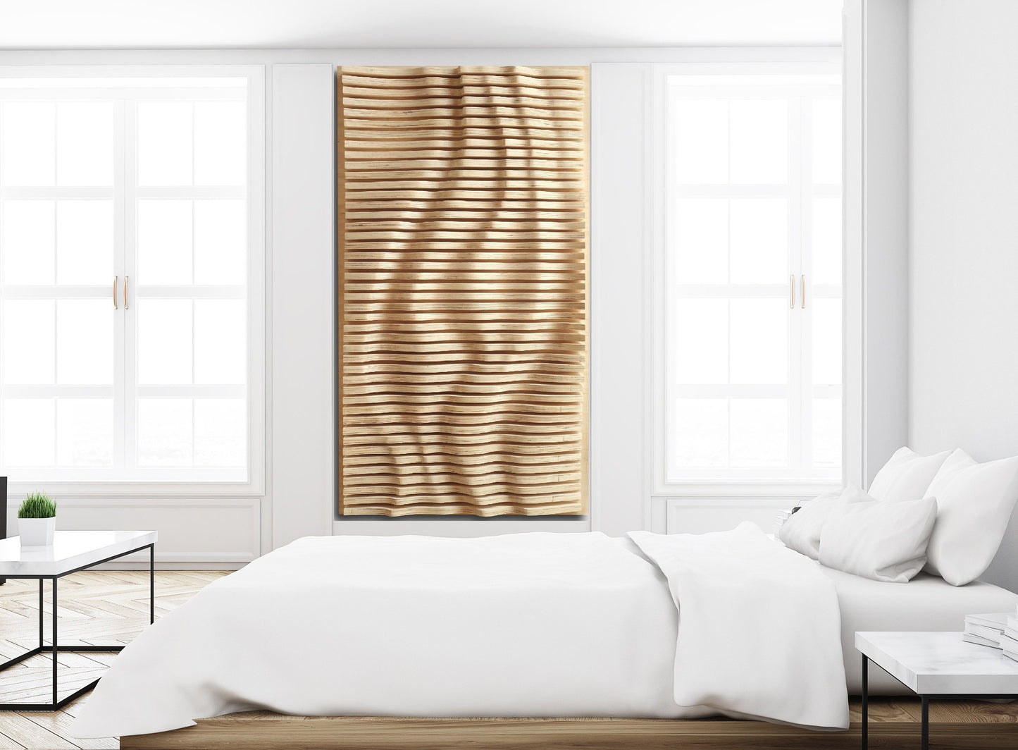 Parametrische wandkunst aus natürlichen holzlatten, holzschalldiffusor, 3d gewellte wandskulptur, geometrische wanddekoration