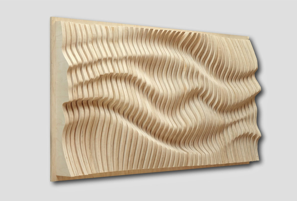 Parametrische wandkunst aus natürlichen holzlatten, holzschalldiffusor, 3d gewellte wandskulptur, geometrische wanddekoration