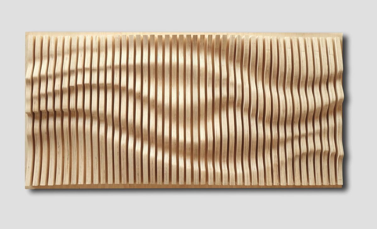 Parametrische wandkunst aus natürlichen holzlatten, holzschalldiffusor, 3d gewellte wandskulptur, geometrische wanddekoration