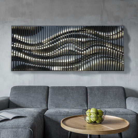 Schwarzes gold glänzende parametrische wandkunst aus holzlatten, holzschalldiffusor, 3d gewellte wandskulptur, geometrische wanddekoration