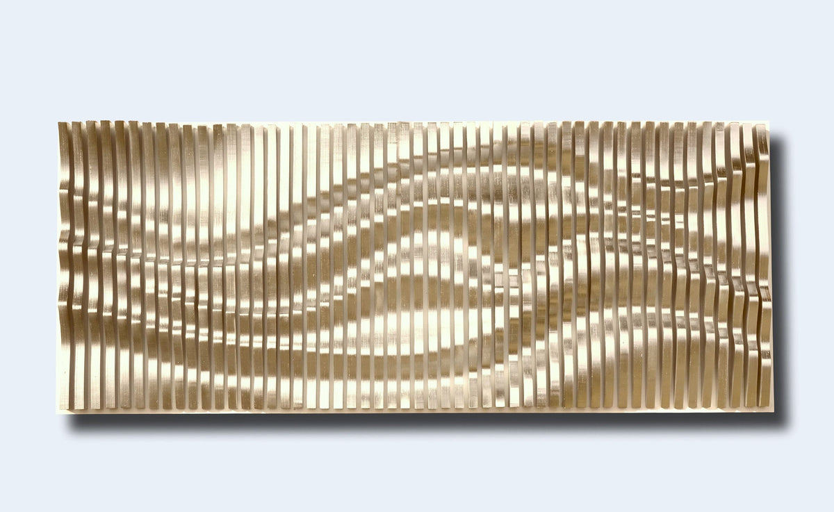 Œuvre murale paramétrique en lattes de bois dorées, décor mural texturé fait main, pièce murale géométrique contemporaine