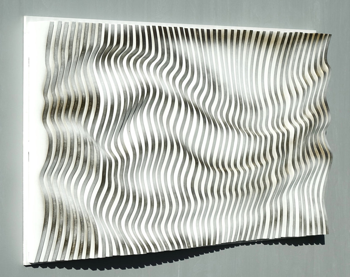 White with white gold gilding parametric wall art of wooden slats, wood sound diffuser, 3d wavy wall sculpture, large wall hanging