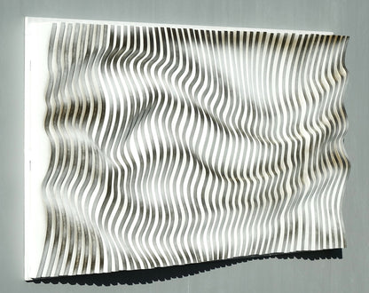 White with white gold gilding parametric wall art of wooden slats, wood sound diffuser, 3d wavy wall sculpture, large wall hanging