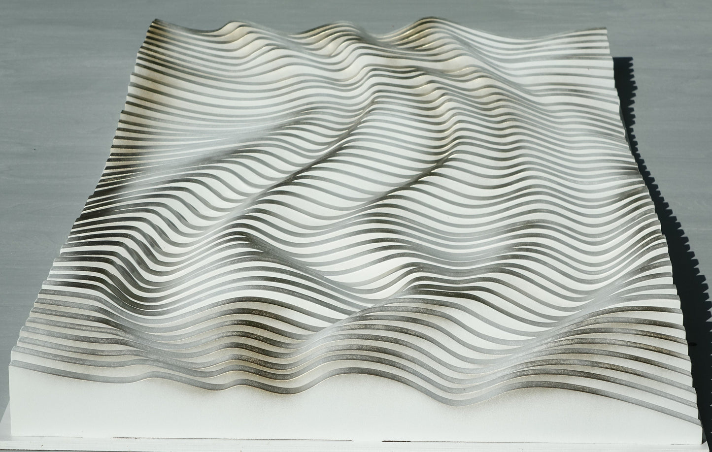 White with white gold gilding parametric wall art of wooden slats, wood sound diffuser, 3d wavy wall sculpture, large wall hanging