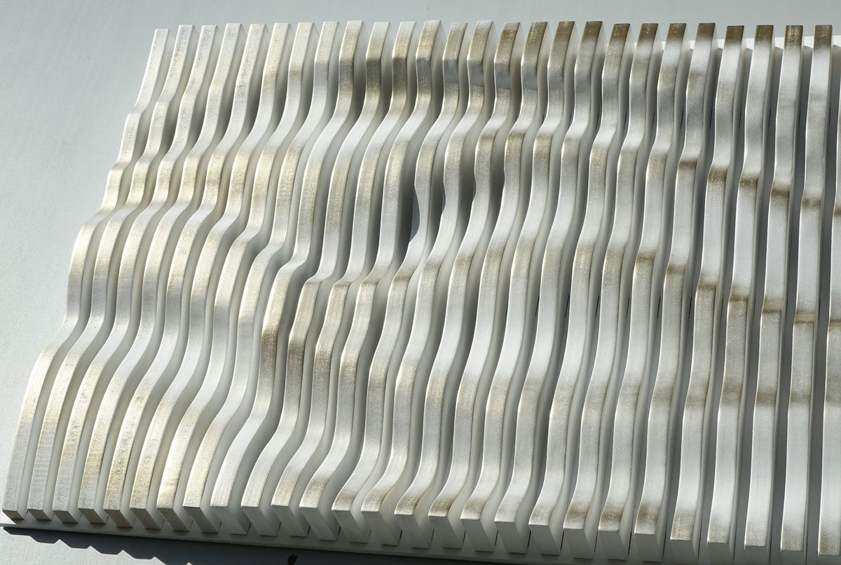 White with white gold gilding parametric wall art of wooden slats, wood sound diffuser, 3d wavy wall sculpture, large wall hanging