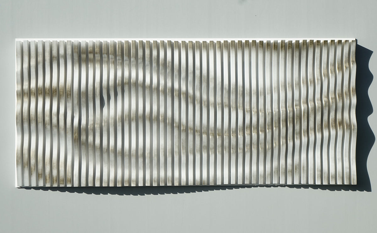 White with white gold gilding parametric wall art of wooden slats, wood sound diffuser, 3d wavy wall sculpture, large wall hanging