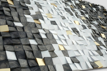 Gray and gold wood block 3d wall art, hues of grey wood wall decor, large wall art, xxl wooden wall decor, sound diffuser, wood headboard