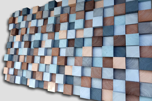 Wooden wall decor, wood wall art, rustic wood mosaic wall art, blue, grey, brown wall decor, 3d wooden mosaic,
