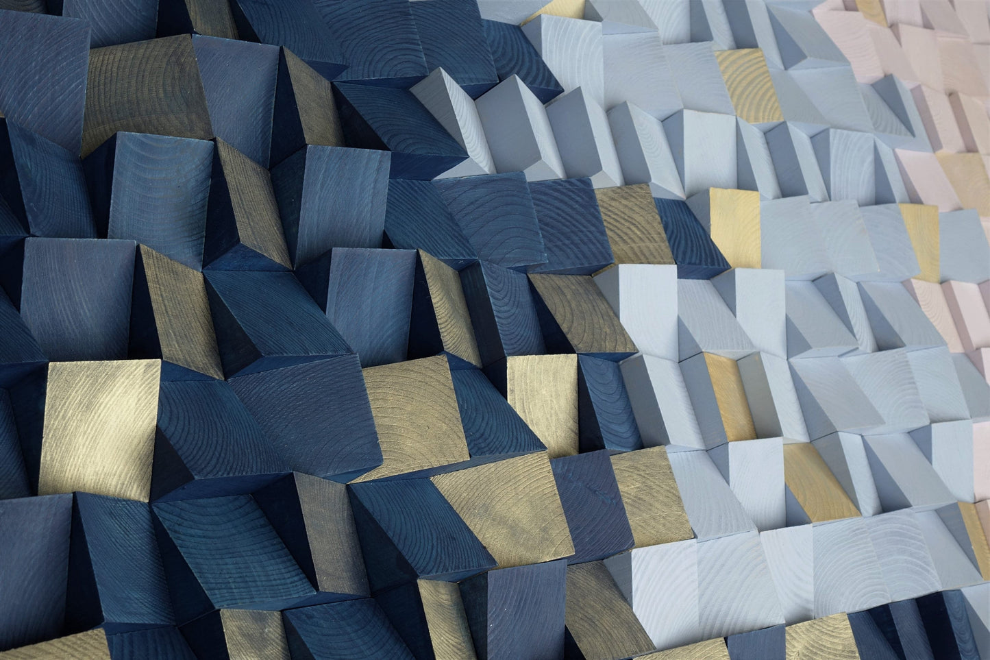 Contemporary 3d wood block art in shades of blue. goldwashed blue pink wood wall art. deep blue gold pink wooden wall mosaic