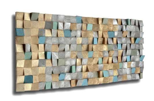 Earth tone wall art, smoky gray, sand, brown with silver and golden tones, turquoise, green, sky blue textured wood wall art READY TO SELL