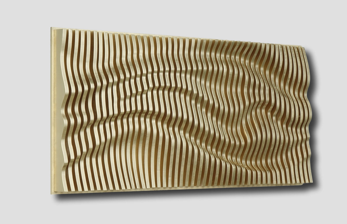 Œuvre murale paramétrique en lattes de bois dorées, décor mural texturé fait main, pièce murale géométrique contemporaine