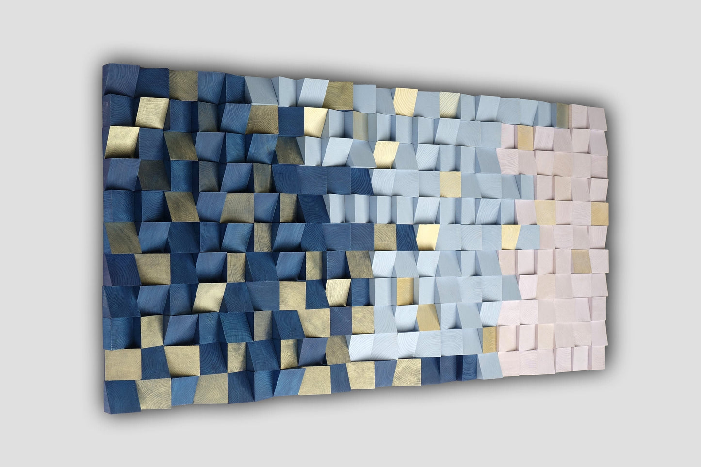 Contemporary 3d wood block art in shades of blue. goldwashed blue pink wood wall art. deep blue gold pink wooden wall mosaic