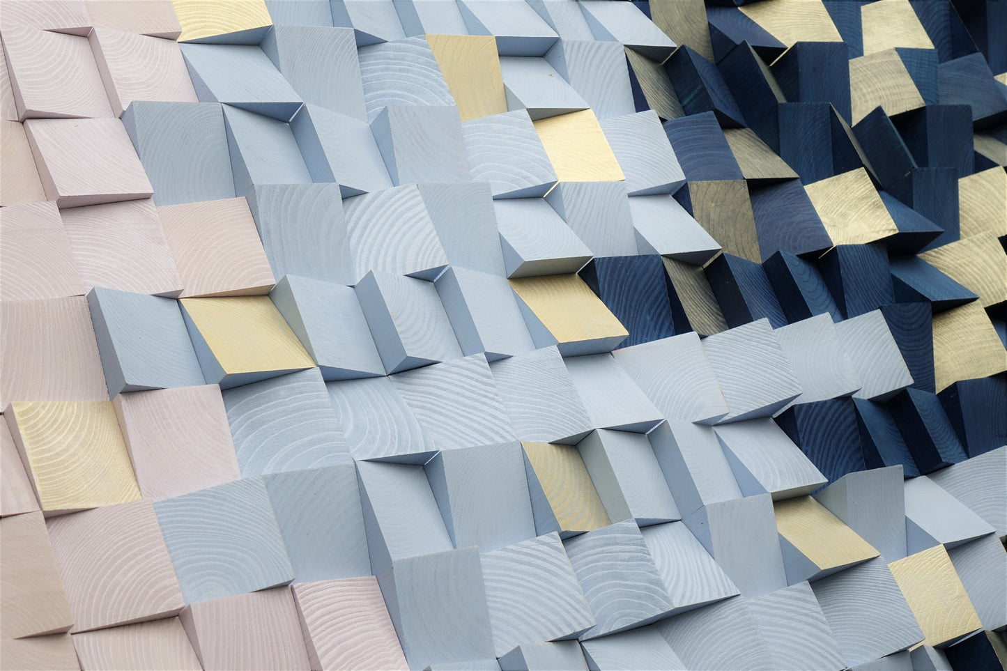 Contemporary 3d wood block art in shades of blue. goldwashed blue pink wood wall art. deep blue gold pink wooden wall mosaic