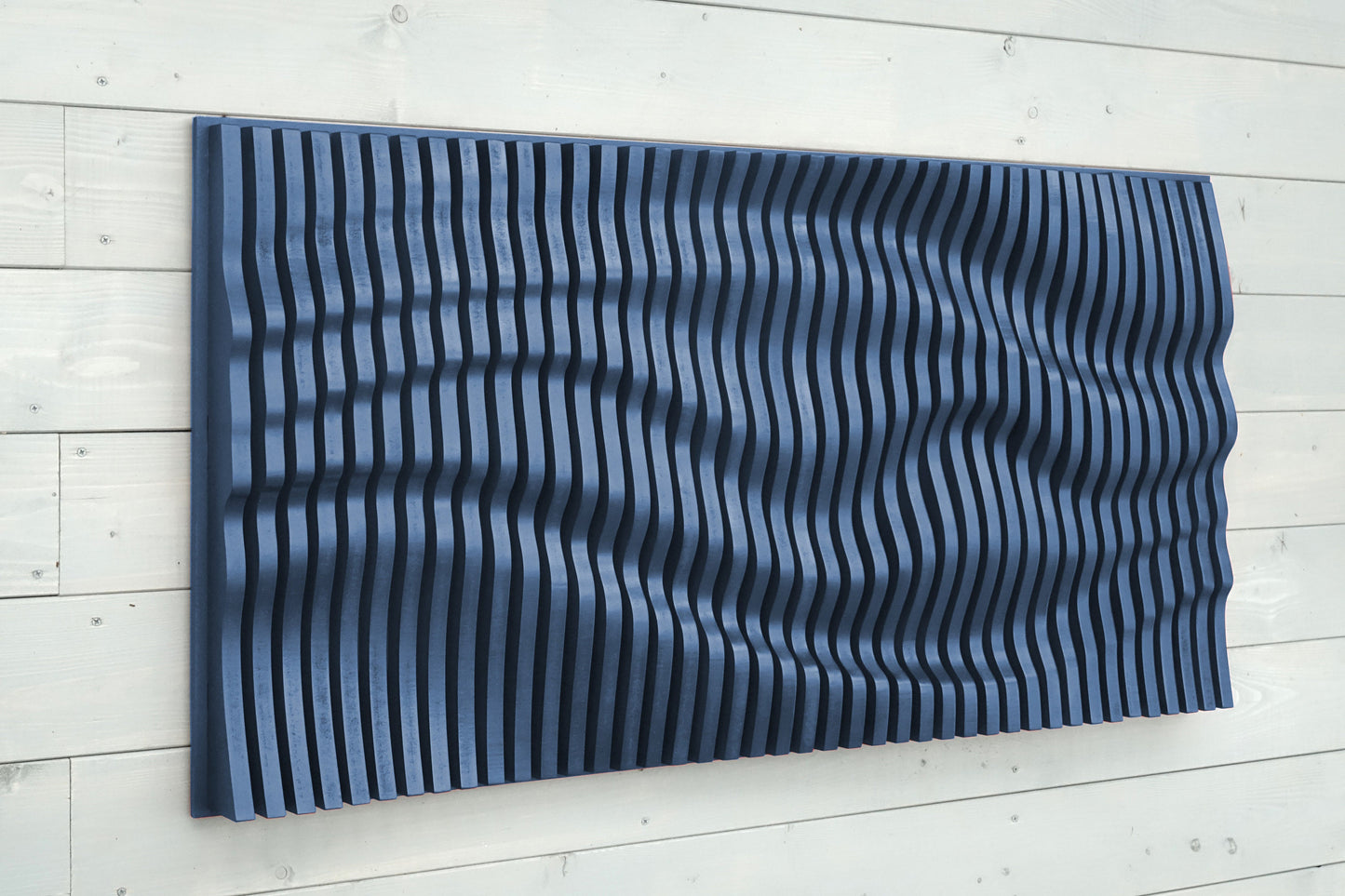 Denim blue parametric wall art of wooden slats, wood sound diffuser, 3D wavy wall sculpture, geometric wall decor, large wall hanging