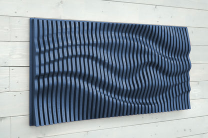 Denim blue parametric wall art of wooden slats, wood sound diffuser, 3D wavy wall sculpture, geometric wall decor, large wall hanging