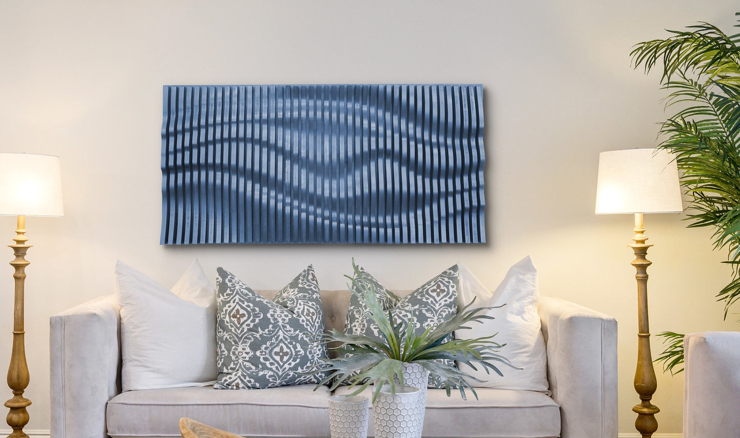 Denim blue parametric wall art of wooden slats, wood sound diffuser, 3D wavy wall sculpture, geometric wall decor, large wall hanging