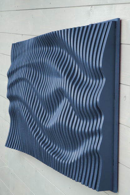 Denim blue parametric wall art of wooden slats, wood sound diffuser, 3D wavy wall sculpture, geometric wall decor, large wall hanging
