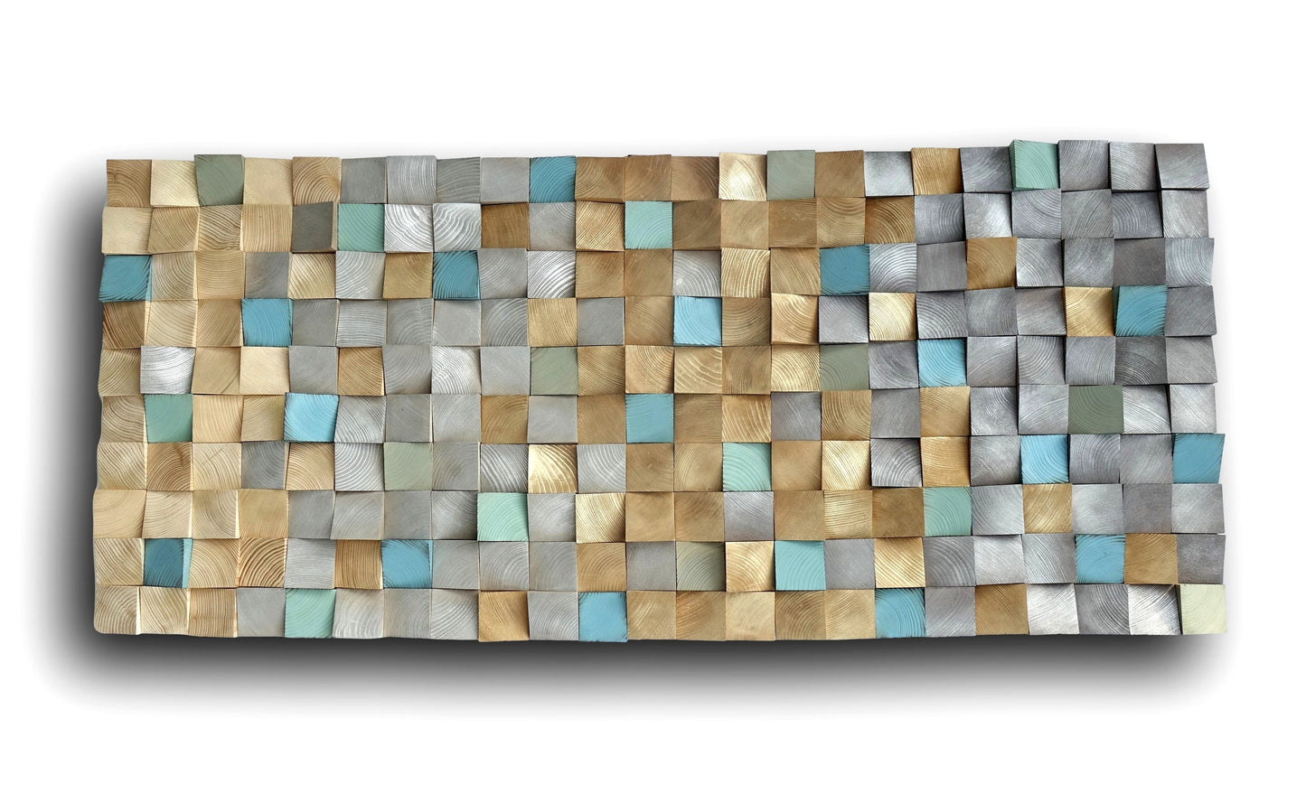 Earth tone wall art, smoky gray, sand, grayish brown with silver and golden tones, turquoise, green, sky blue, textured 3D wood wall decor