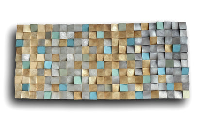 Earth tone wall art, smoky gray, sand, grayish brown with silver and golden tones, turquoise, green, sky blue, textured 3D wood wall decor