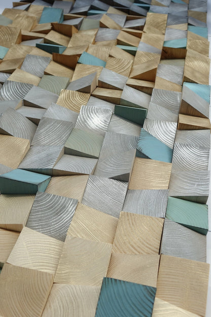 Earth tone wall art, smoky gray, sand, grayish brown with silver and golden tones, turquoise, green, sky blue, textured 3D wood wall decor