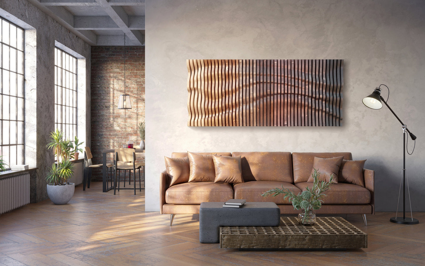 ombre brown wavy wood wall décor made of slats, acoustic wall panel, 3d wall sculpture, contemporary parametric wall piece, sound wave art