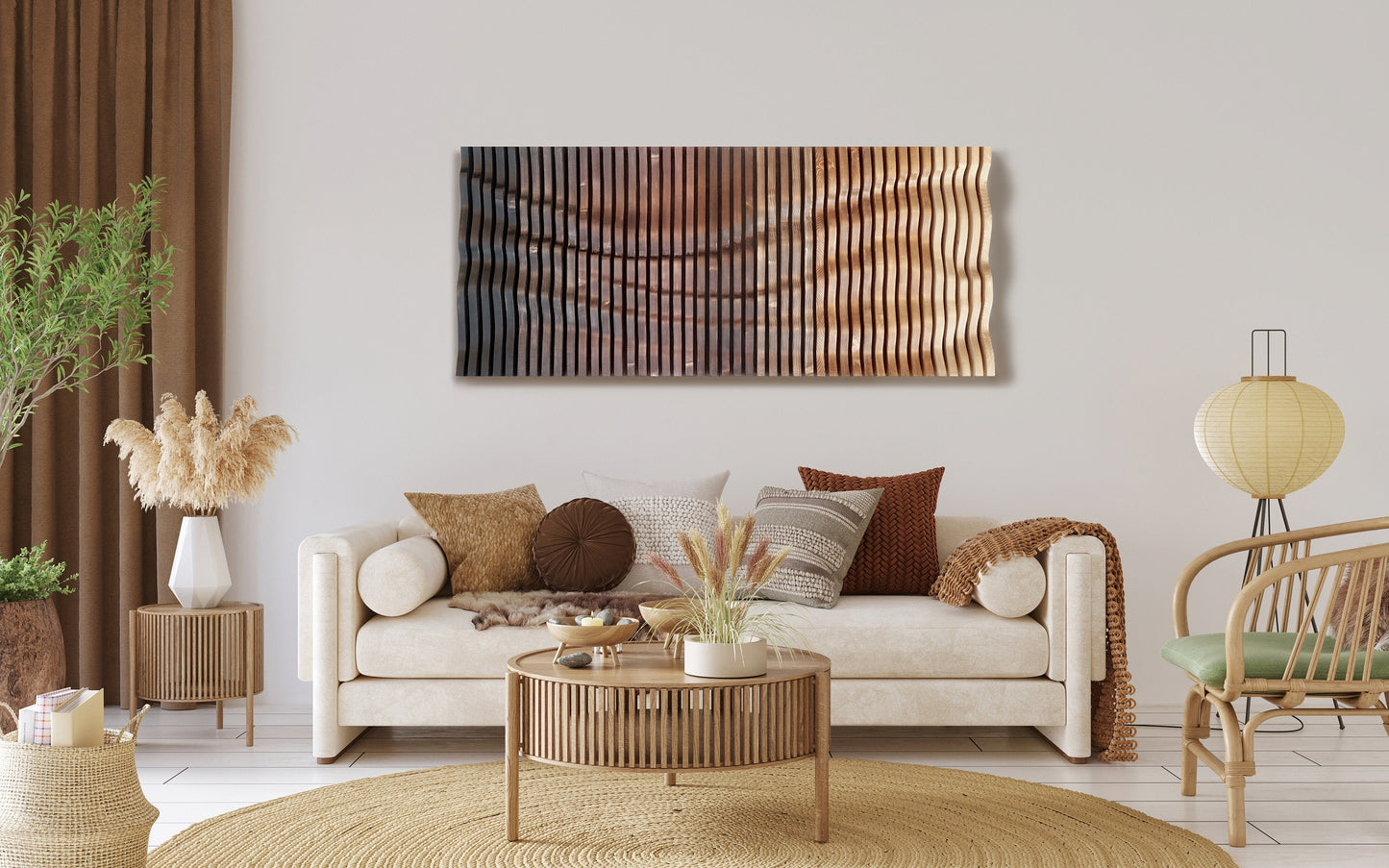 ombre brown wavy wood wall décor made of slats, acoustic wall panel, 3d wall sculpture, contemporary parametric wall piece, sound wave art
