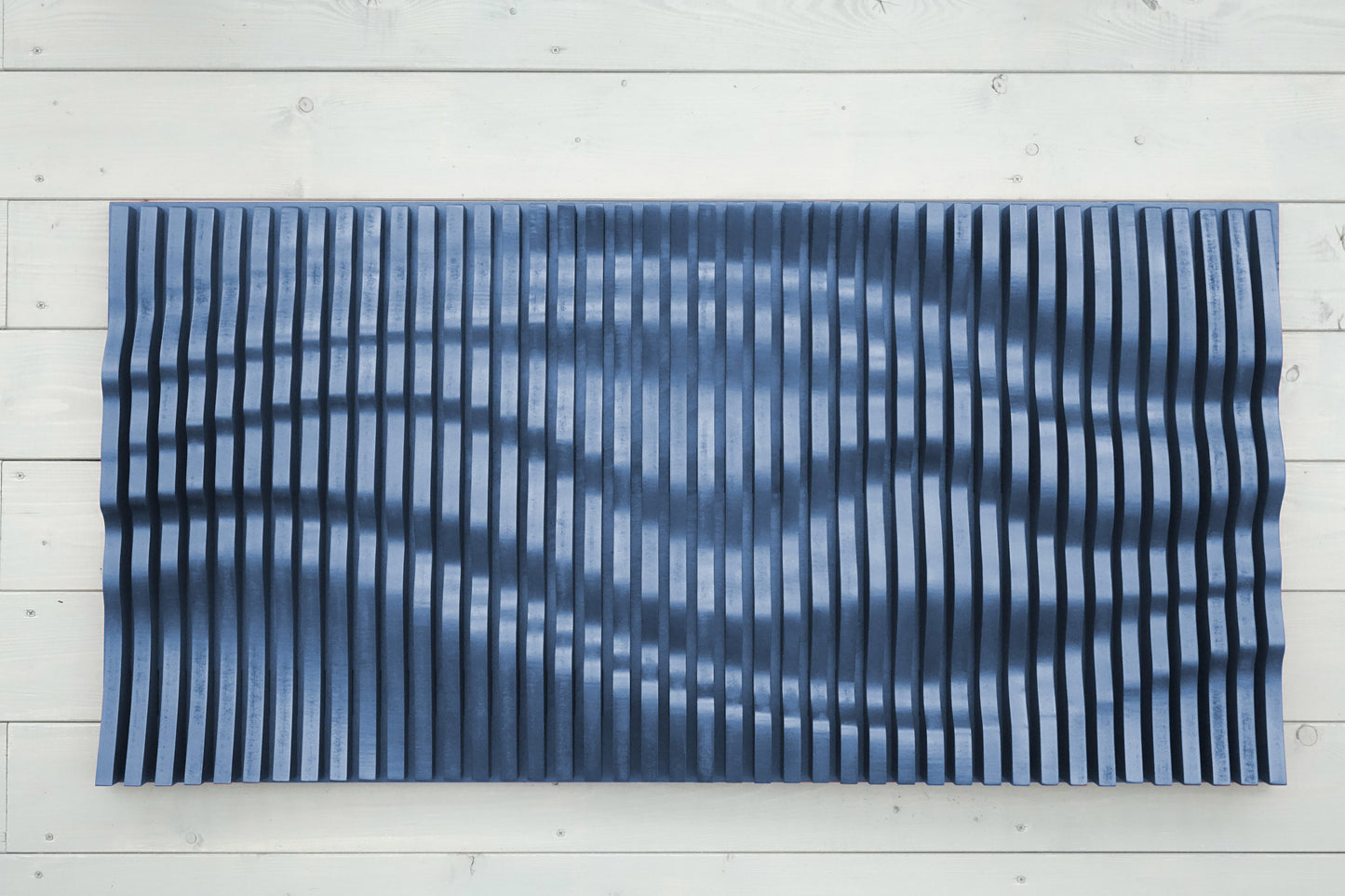 Denim blue parametric wall art of wooden slats, wood sound diffuser, 3D wavy wall sculpture, geometric wall decor, large wall hanging