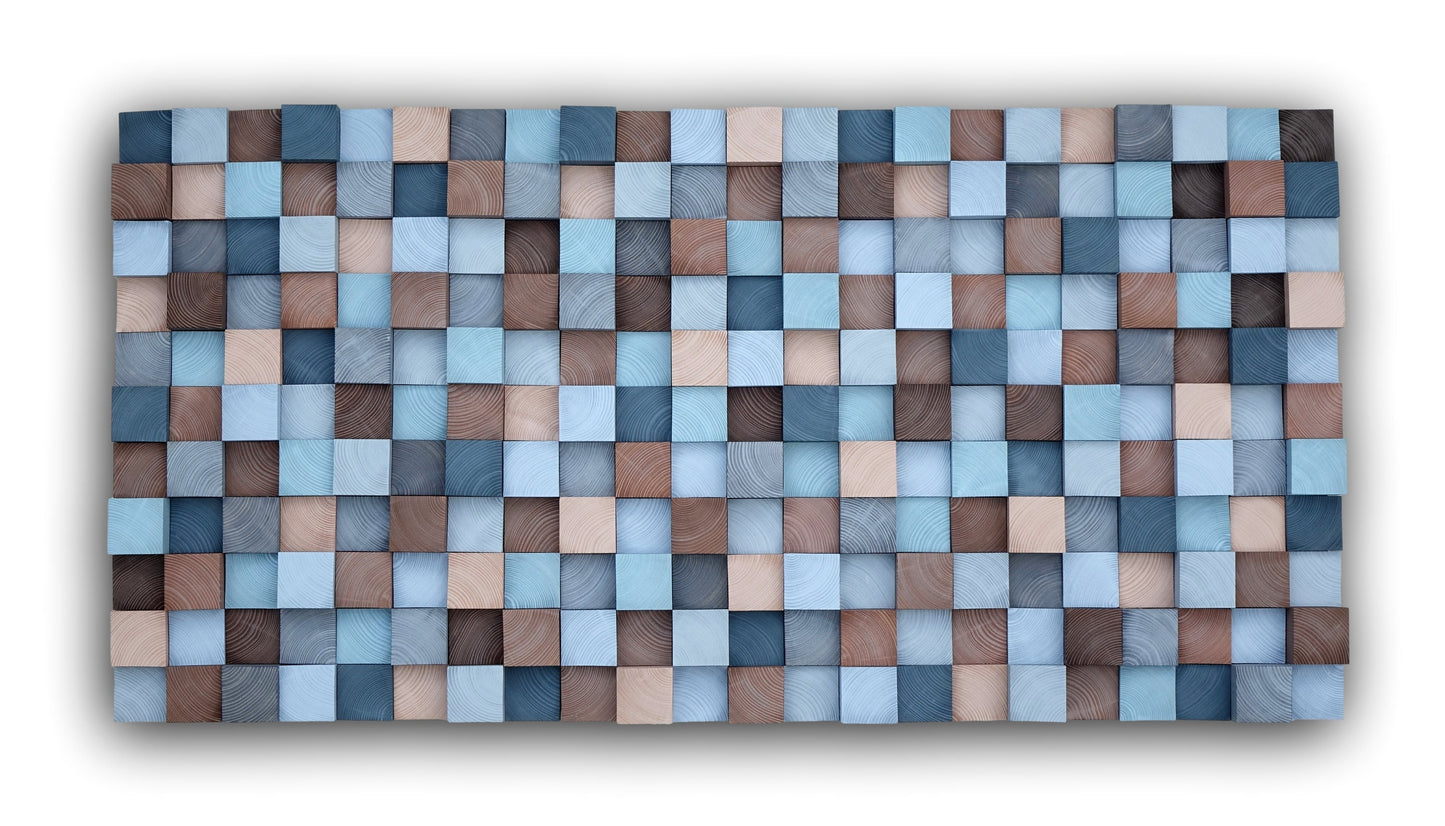 Wooden wall art, Textured Wooden Wall Art, Mosaic Wall Hanging, Modern Wood Decor Blue, Grey, Brown, Modern Wooden Wall Art