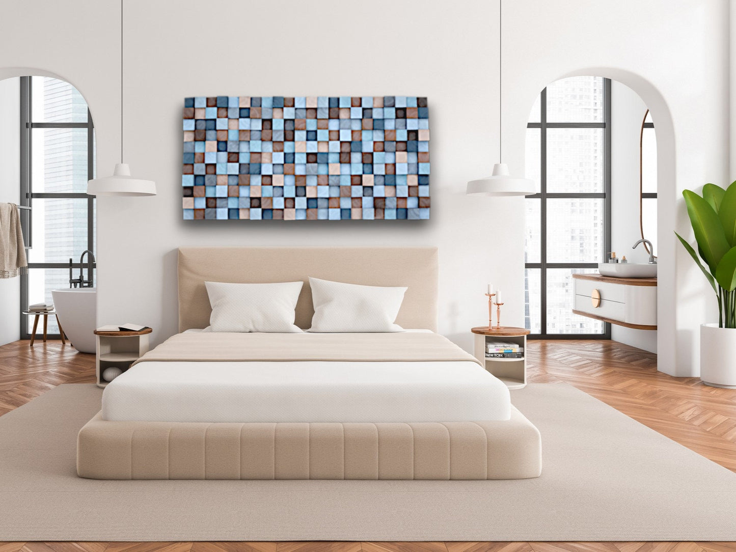 Wooden wall art, Textured Wooden Wall Art, Mosaic Wall Hanging, Modern Wood Decor Blue, Grey, Brown, Modern Wooden Wall Art