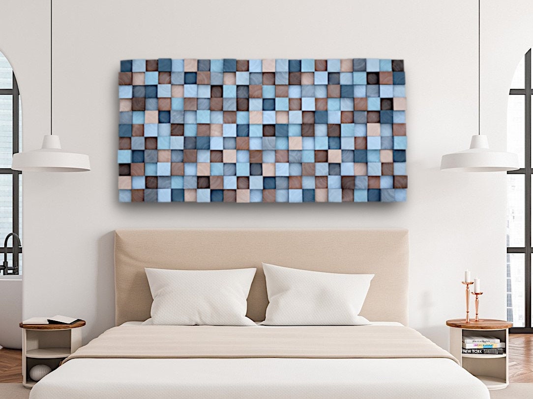 Wooden wall art, Textured Wooden Wall Art, Mosaic Wall Hanging, Modern Wood Decor Blue, Grey, Brown, Modern Wooden Wall Art