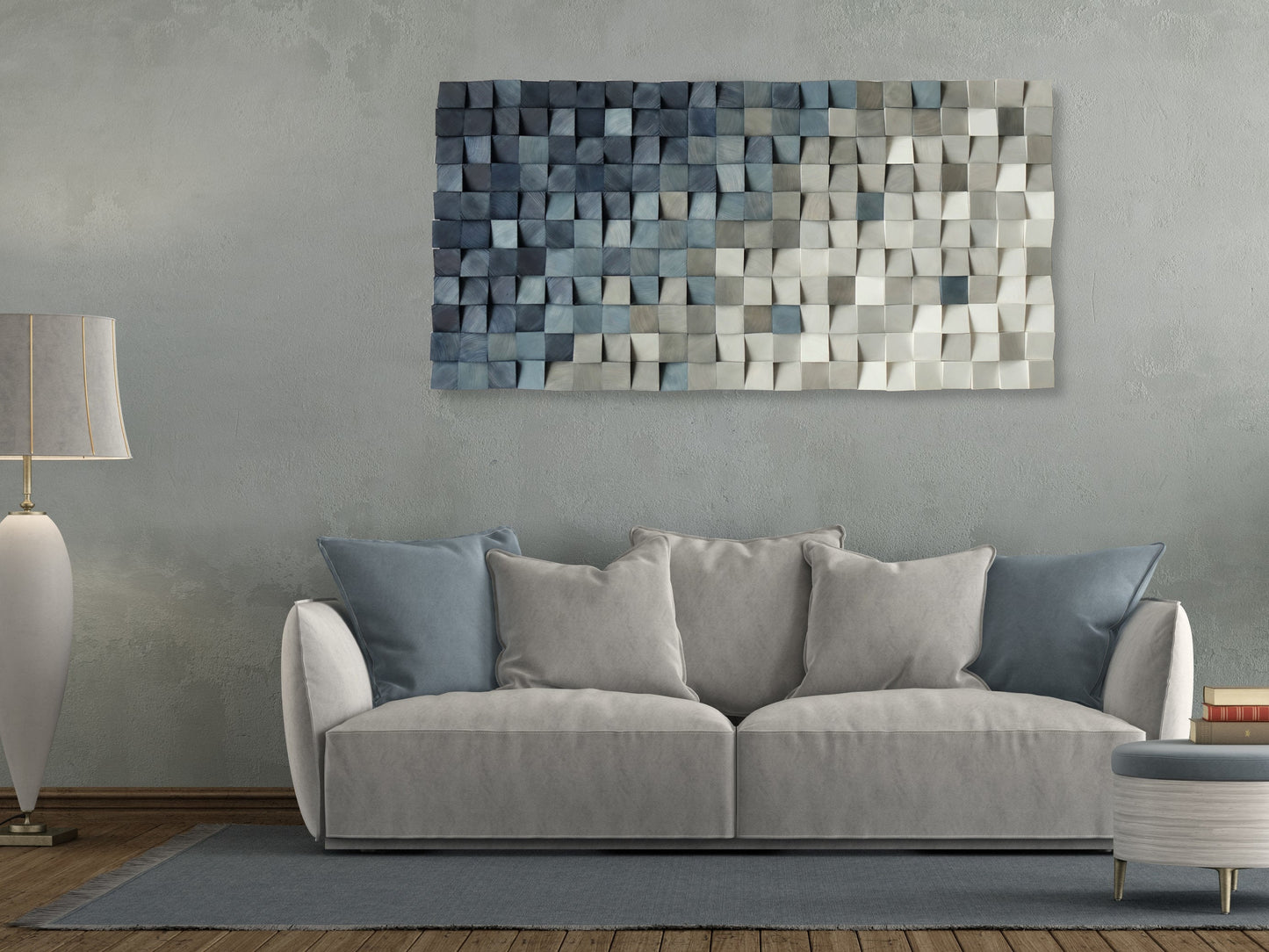 blue and gray wood wall art decor, nature wall hanging, textured art decor, wood wall sculpture , environmental decor, mosaic wall hanging