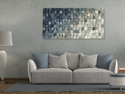 blue and gray wood wall art decor, nature wall hanging, textured art decor, wood wall sculpture , environmental decor, mosaic wall hanging