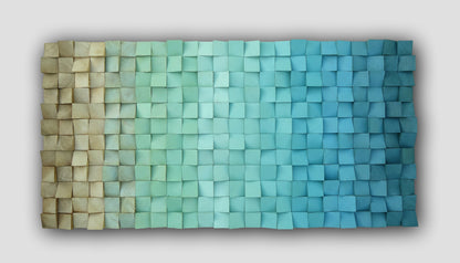 Gradient blue green brown wooden wall art, ombre hanging geometric sculpture with dimensional layers and modern abstract 3D design