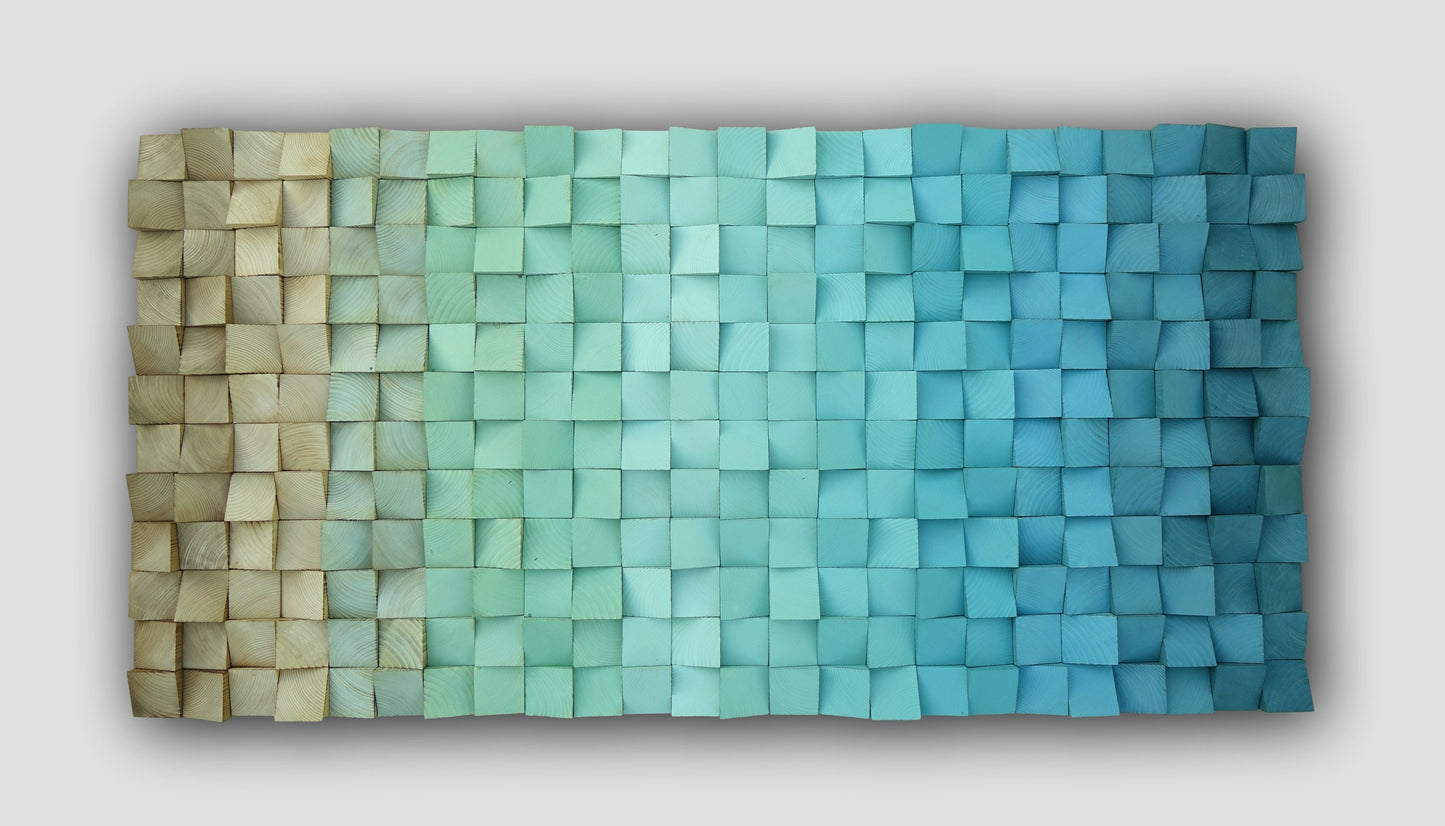 gradient blue green brown wooden wall art, ombre hanging geometric sculpture, ombre dimentional wood wall art, modern abstract 3D wall art