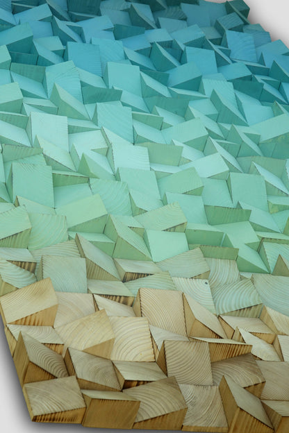 Gradient blue green brown wooden wall art, ombre hanging geometric sculpture with dimensional layers and modern abstract 3D design