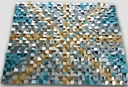 3D wall art in silver, gold, metallic blue and turquoise,  modern wall hanging, nautical home decor, art for coastal rooms, sea, beach, blue