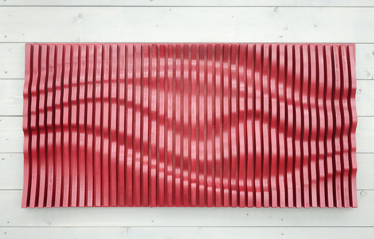Red parametric wall art of wooden slats, wood sound diffuser, 3D wavy wall sculpture, geometric wall decor, large wall hanging