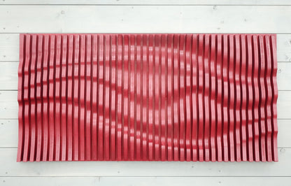 Red parametric wall art of wooden slats, wood sound diffuser, 3D wavy wall sculpture, geometric wall decor, large wall hanging