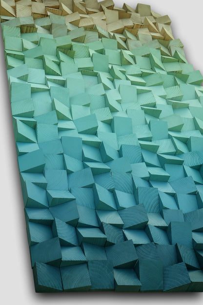 Gradient blue green brown wooden wall art, ombre hanging geometric sculpture with dimensional layers and modern abstract 3D design