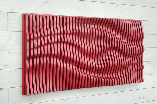 Red parametric wall art of wooden slats, wood sound diffuser, 3D wavy wall sculpture, geometric wall decor, large wall hanging