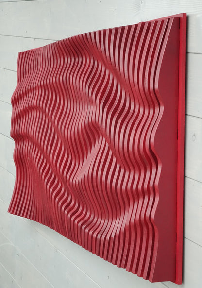 Red parametric wall art of wooden slats, wood sound diffuser, 3D wavy wall sculpture, geometric wall decor, large wall hanging